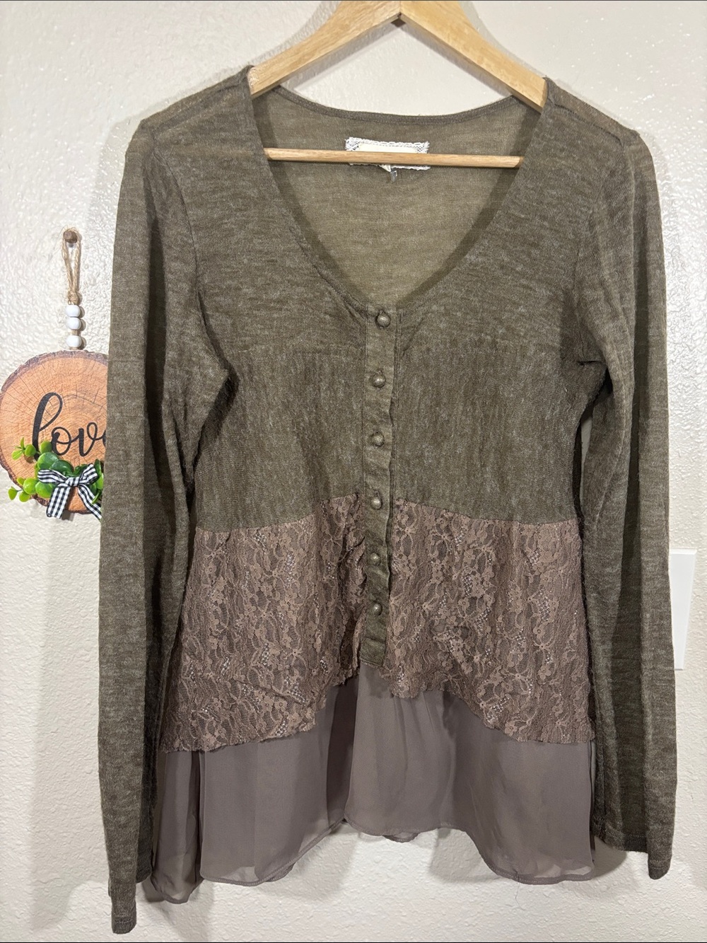A’Reve Brown Long Sleeve Lace Peplum Top Size L